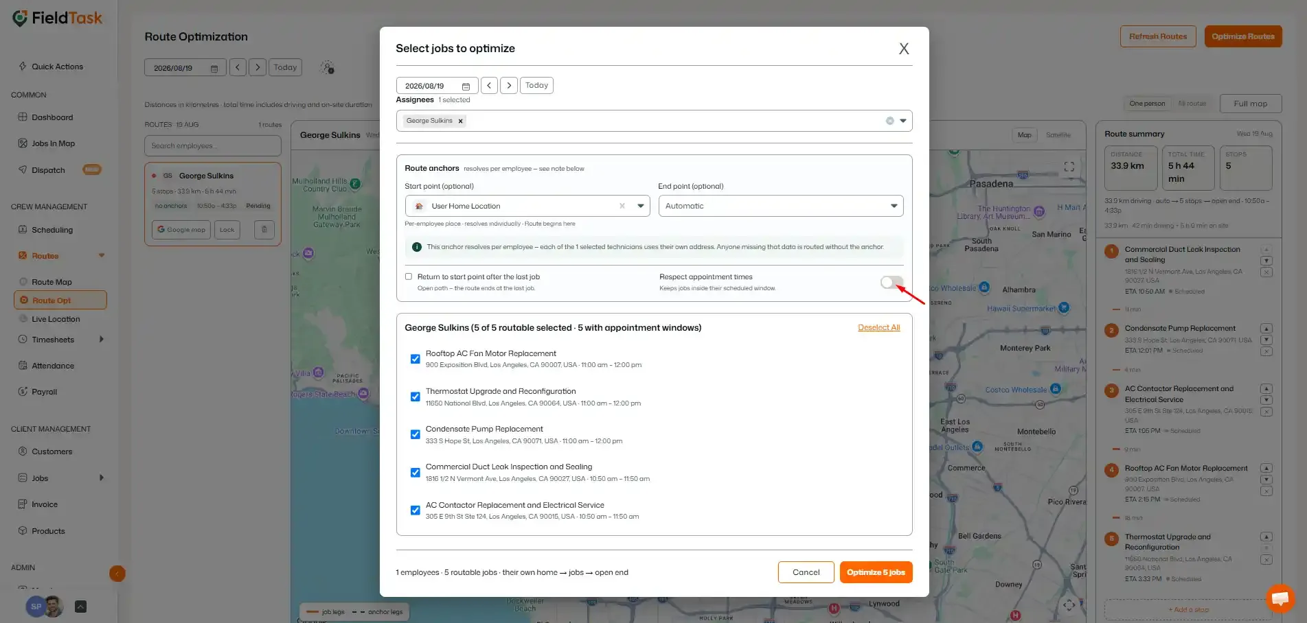 Respect appointment times toggle highlighted in route setup
