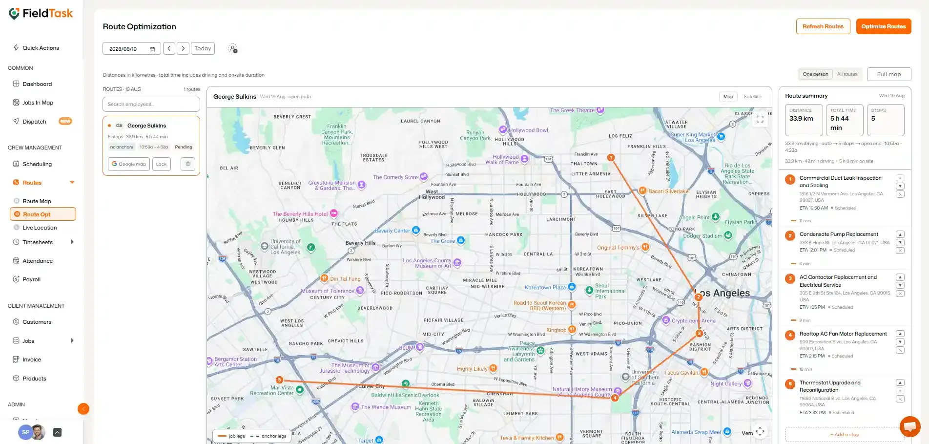 Optimized route displayed across the Los Angeles map