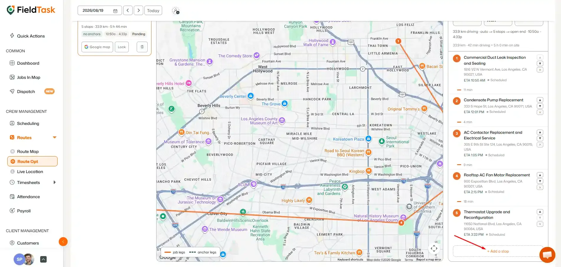 Add a stop option highlighted beside optimized route