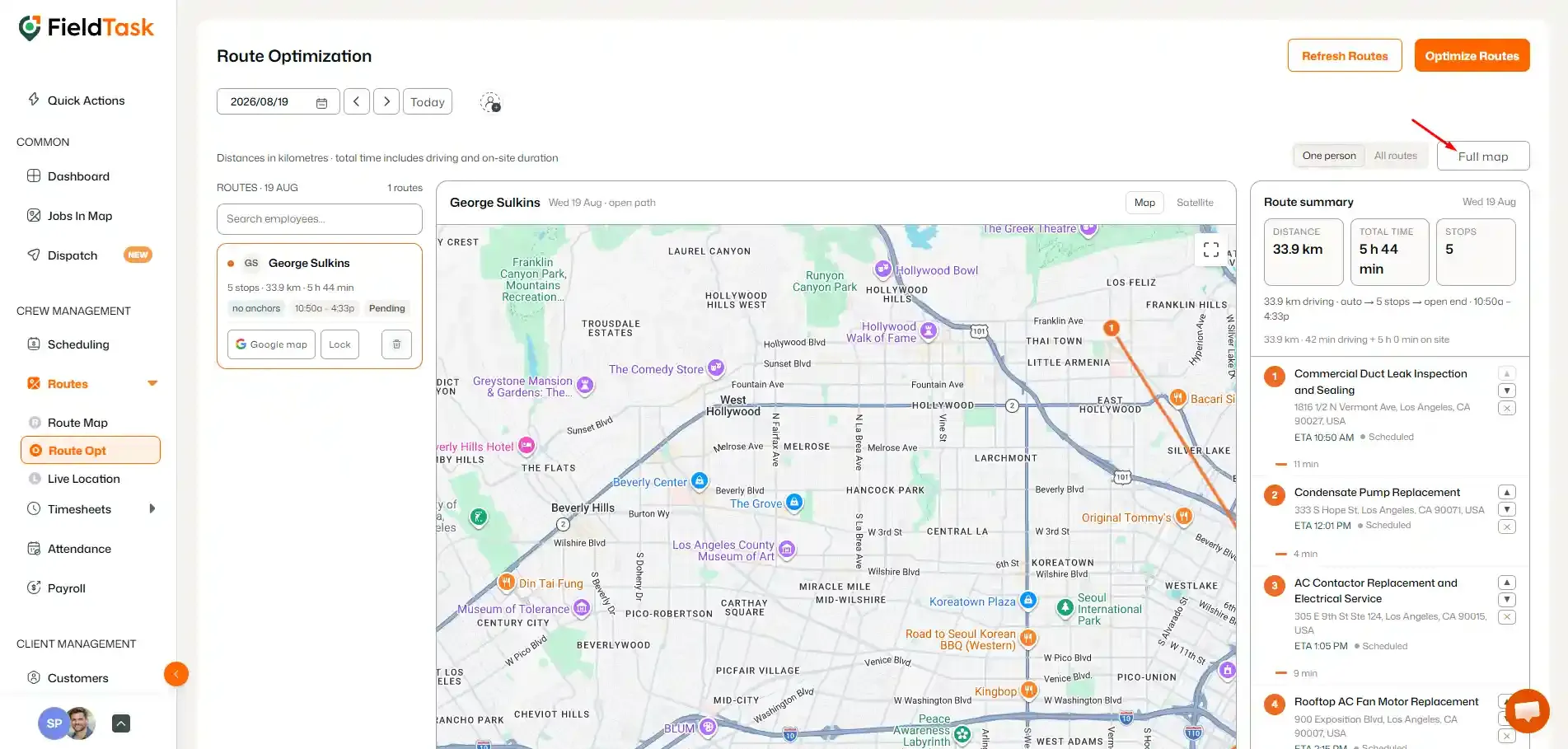Full map button highlighted on route optimization page