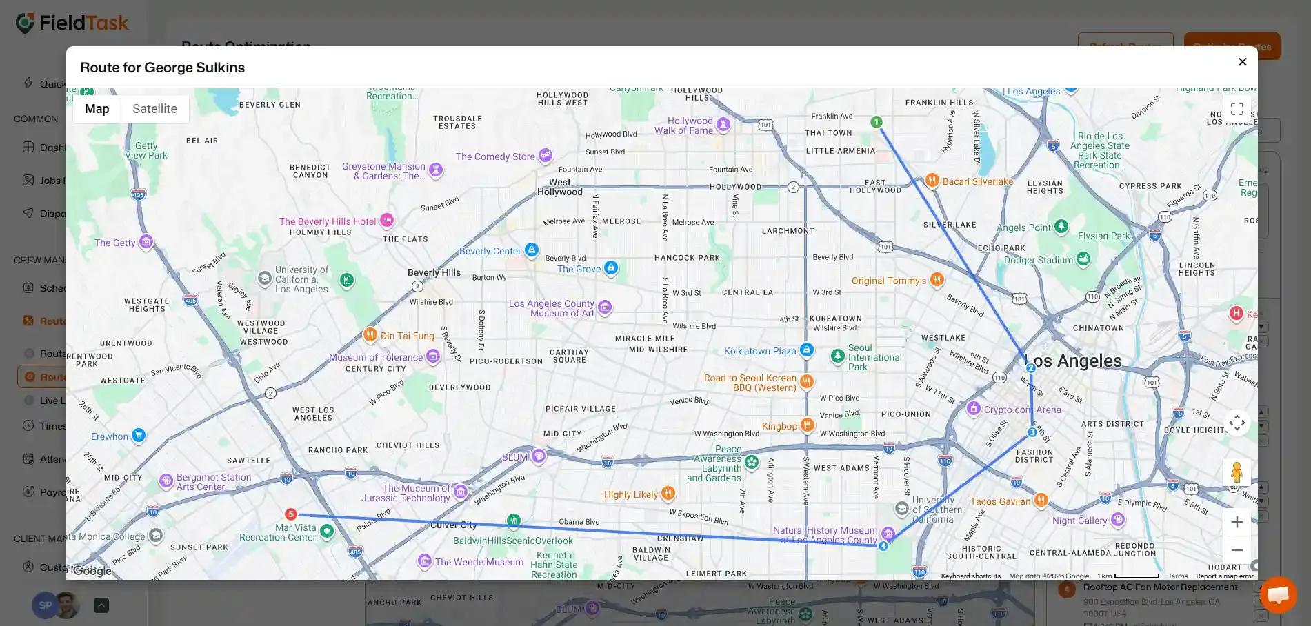 Expanded map showing George Sulkins' optimized route