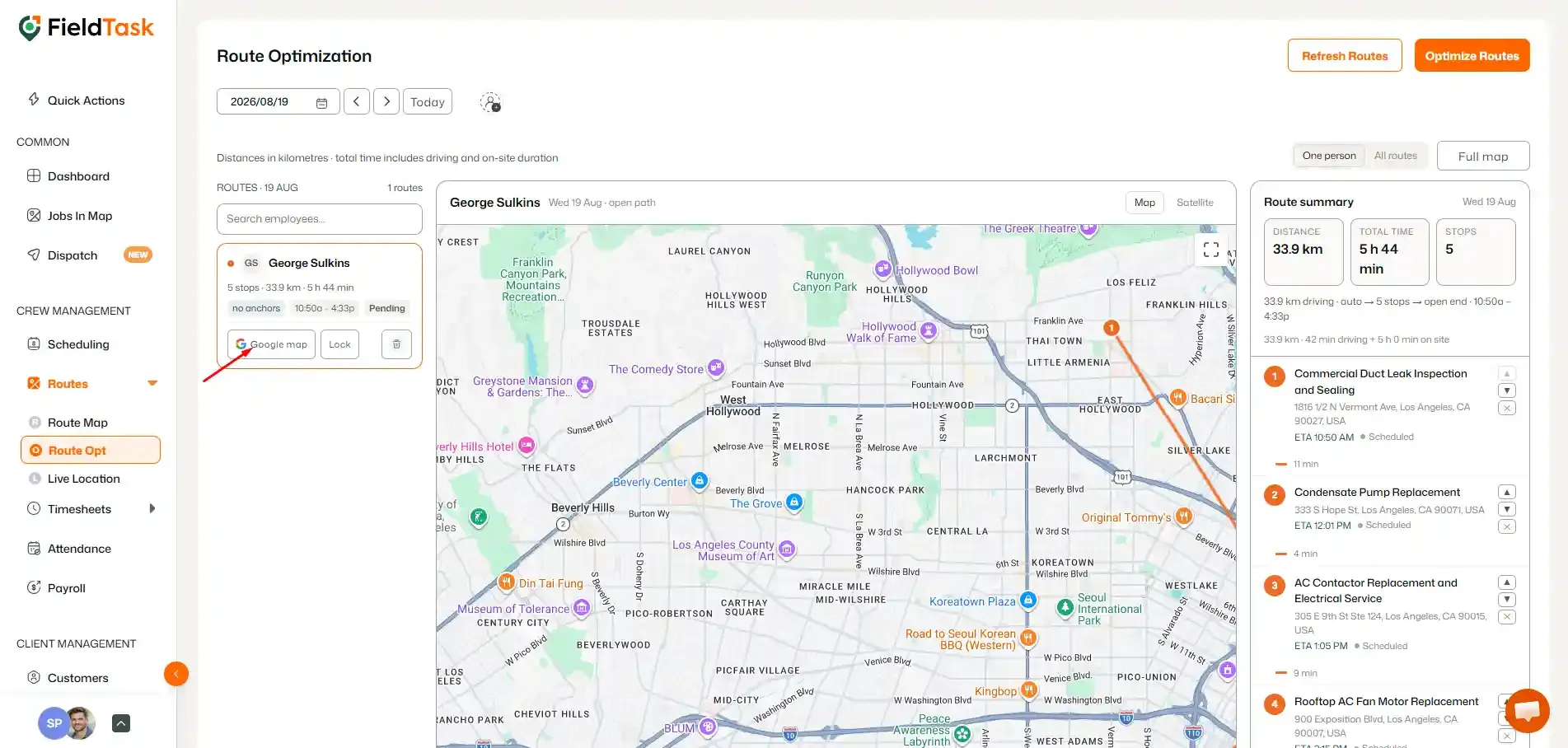 Google map button highlighted for optimized route view