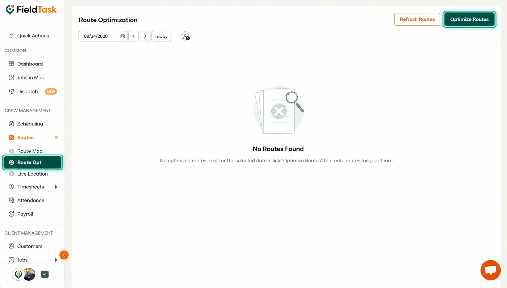 Route Opt and Optimize Routes highlighted on empty route page