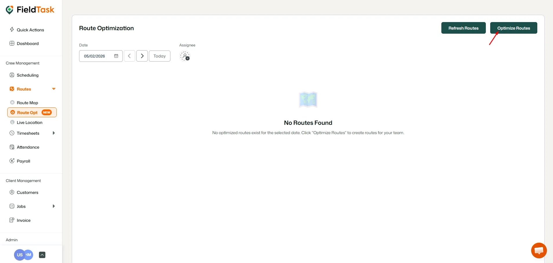 FieldTask Route Optimization Page