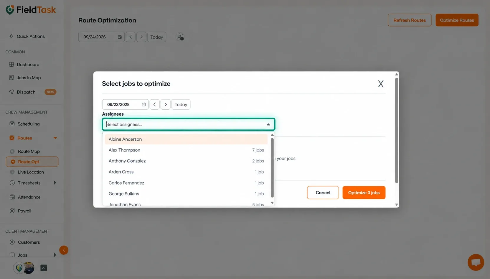 Assignee dropdown highlighted in the route optimization popup