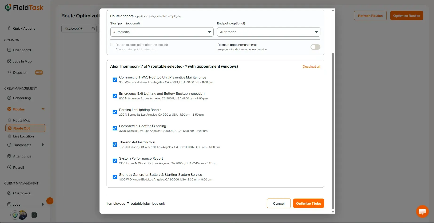 Seven selected jobs listed with Optimize 7 jobs button below