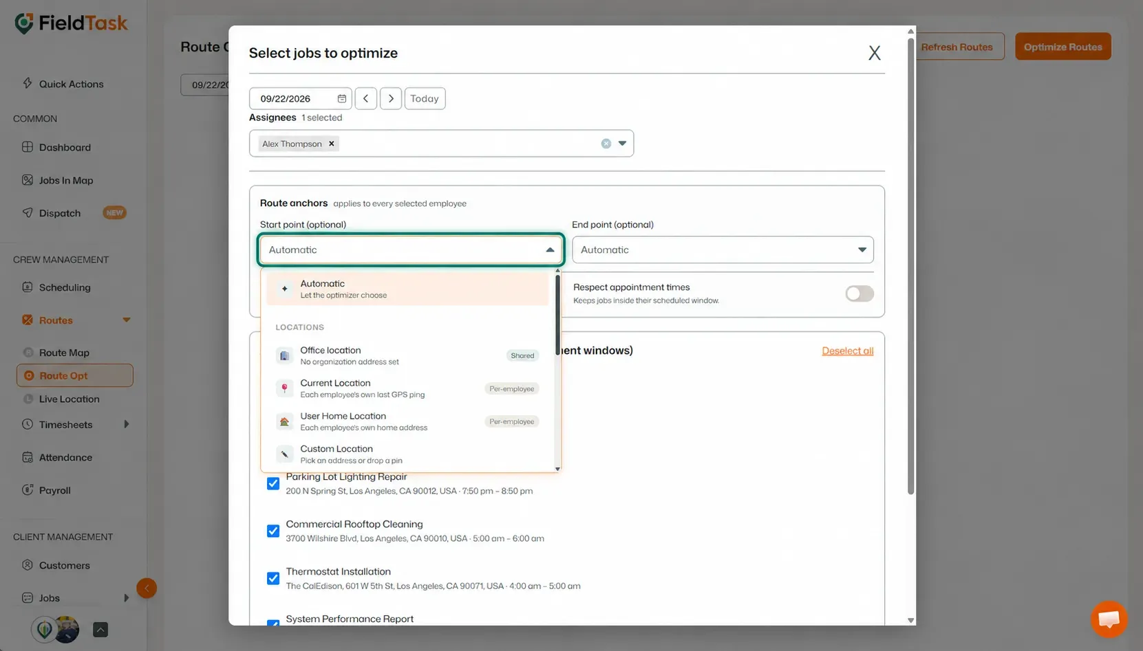 Start point dropdown highlighted with route anchor options open