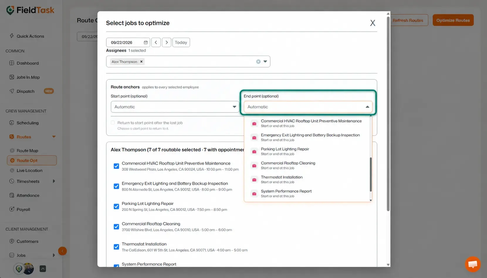 End point dropdown highlighted with selectable job options open
