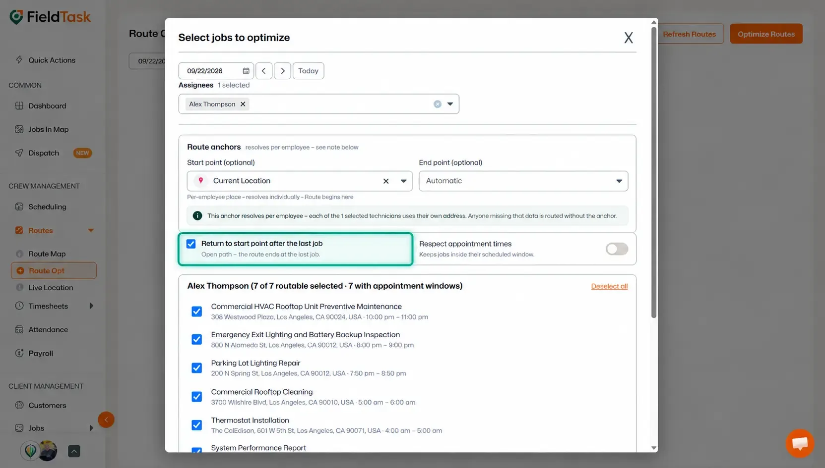 Return-to-start checkbox highlighted in route optimization popup