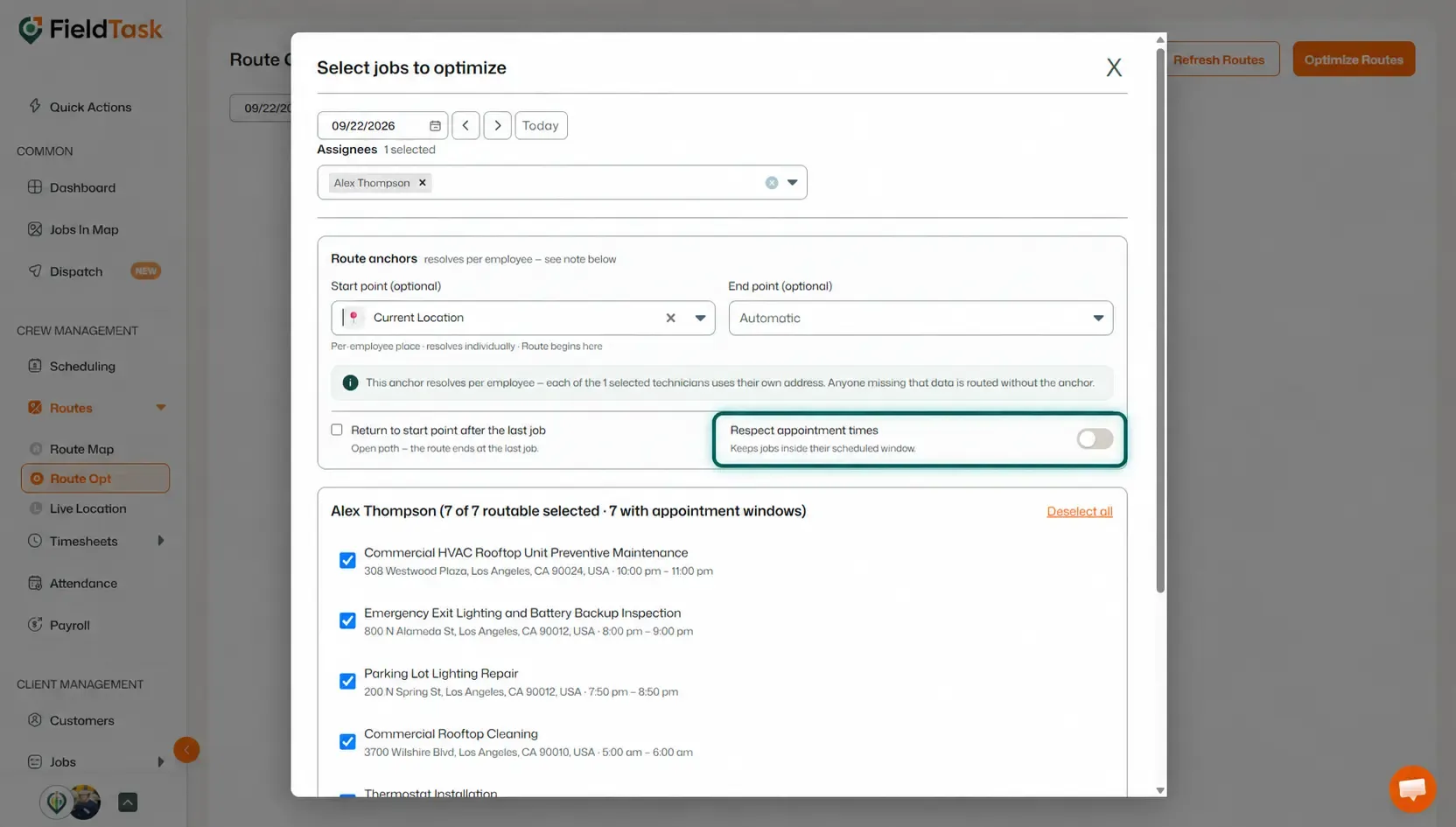 Respect appointment times toggle highlighted in route popup