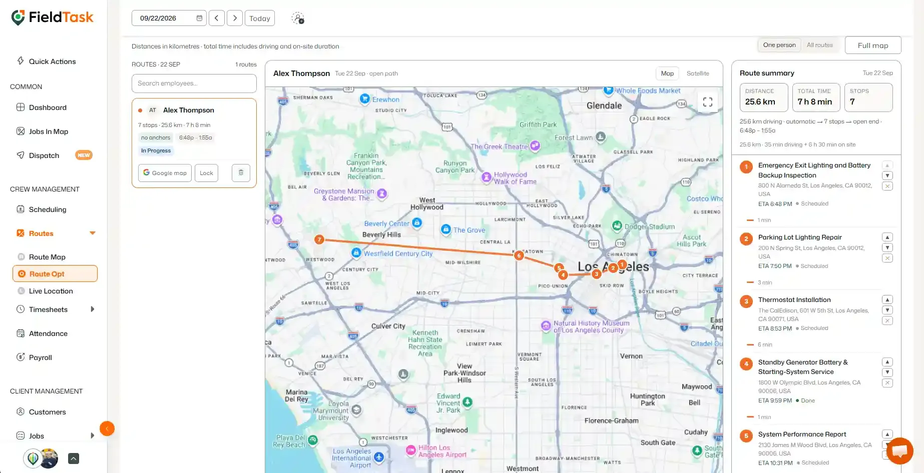 Optimized route map with seven stops and route summary panel