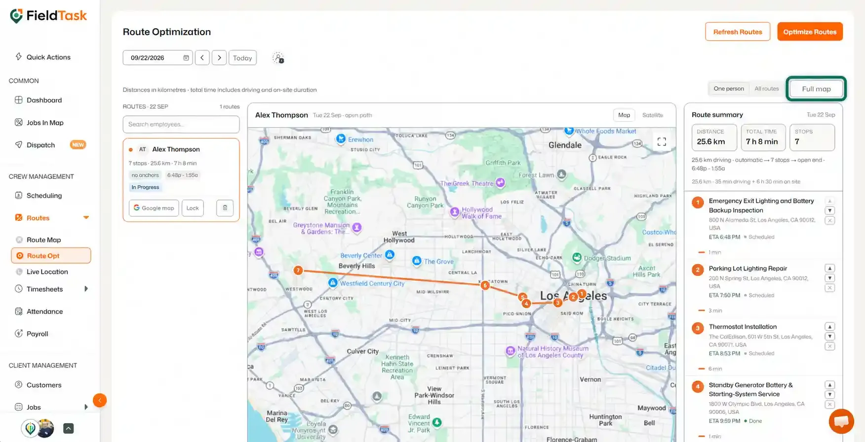 Full map button highlighted on the route optimization screen