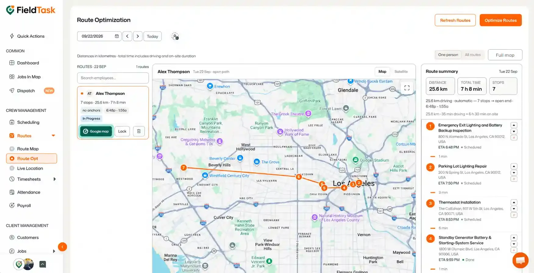 Google map button highlighted on the selected route card