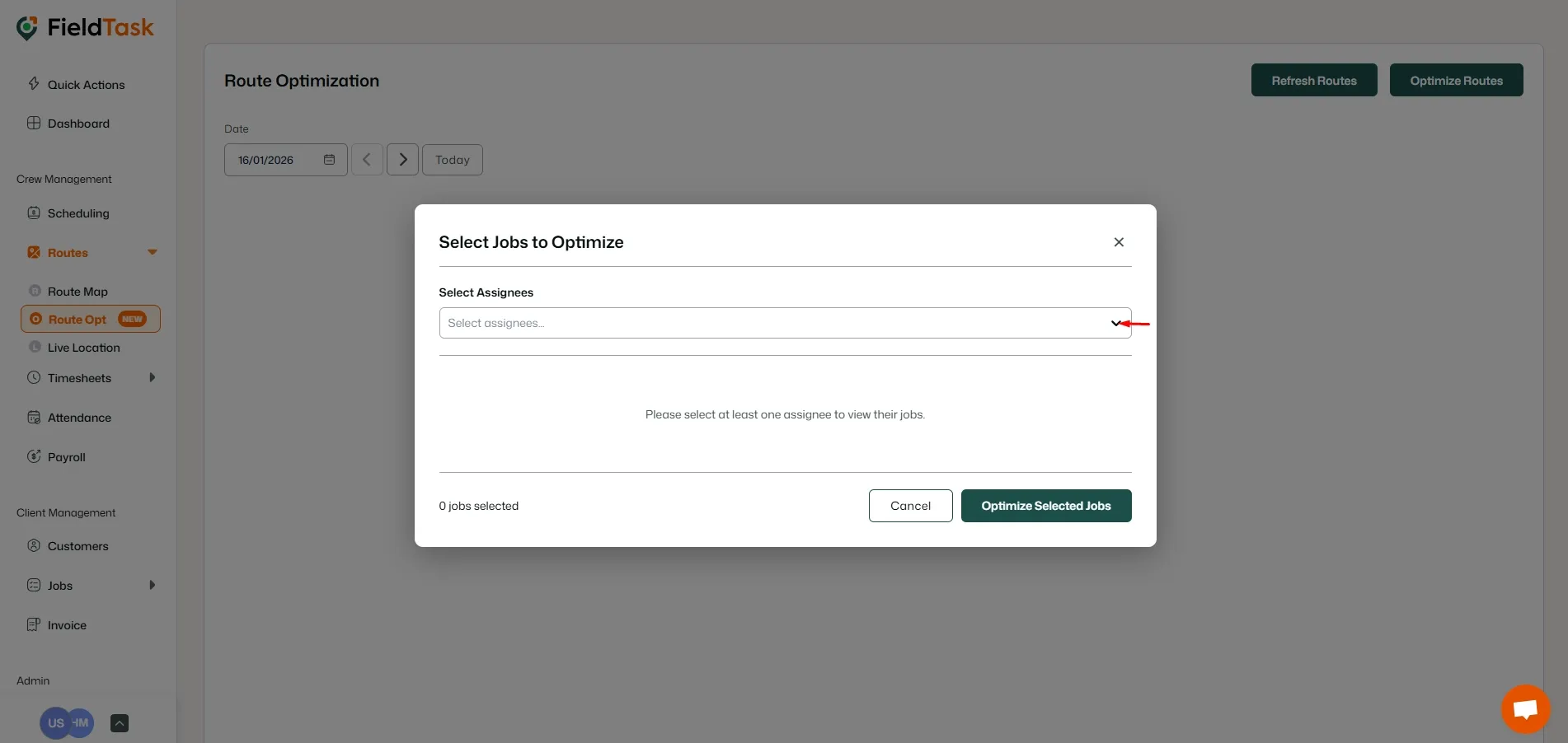 FieldTask Route Optimization Page