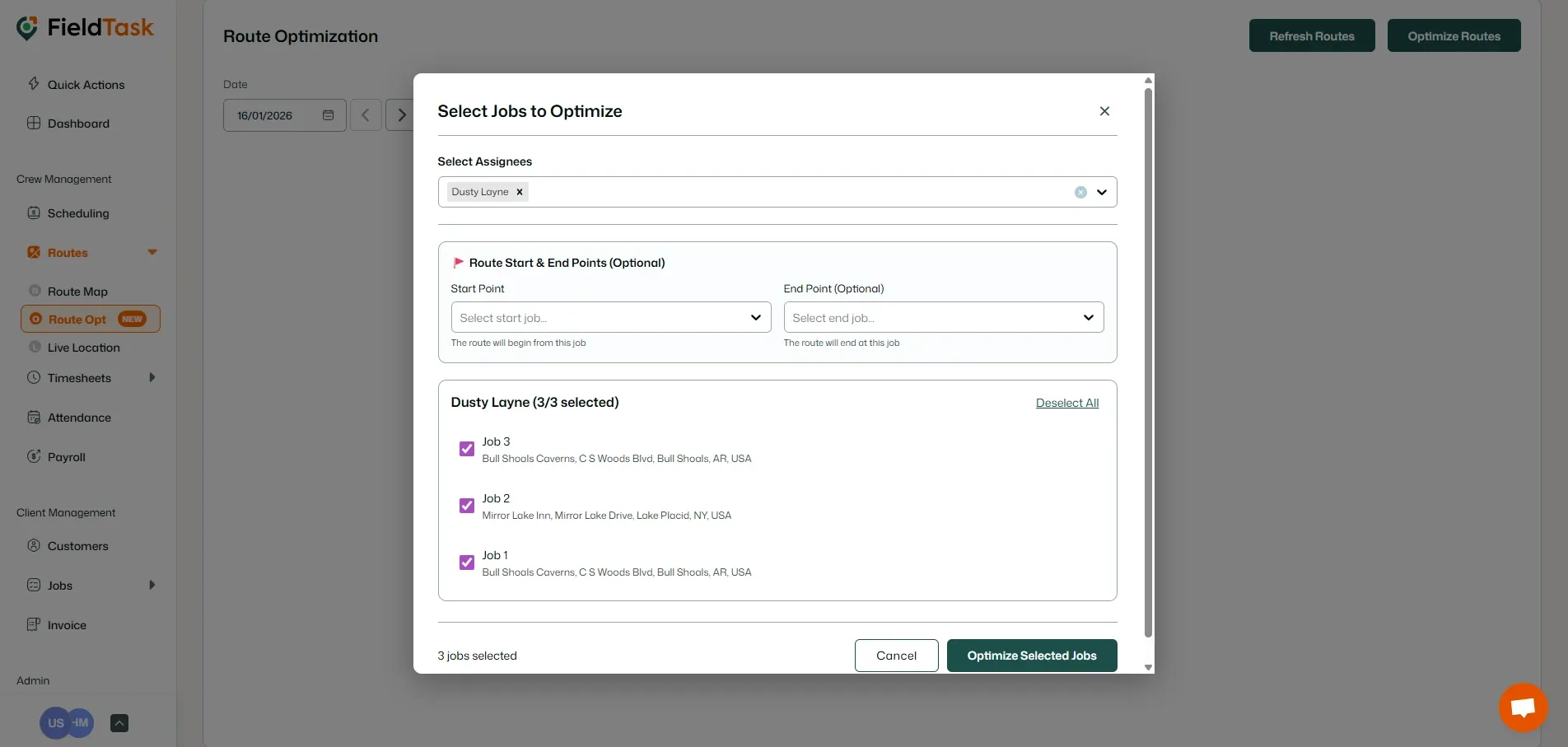 FieldTask Route Optimization Page