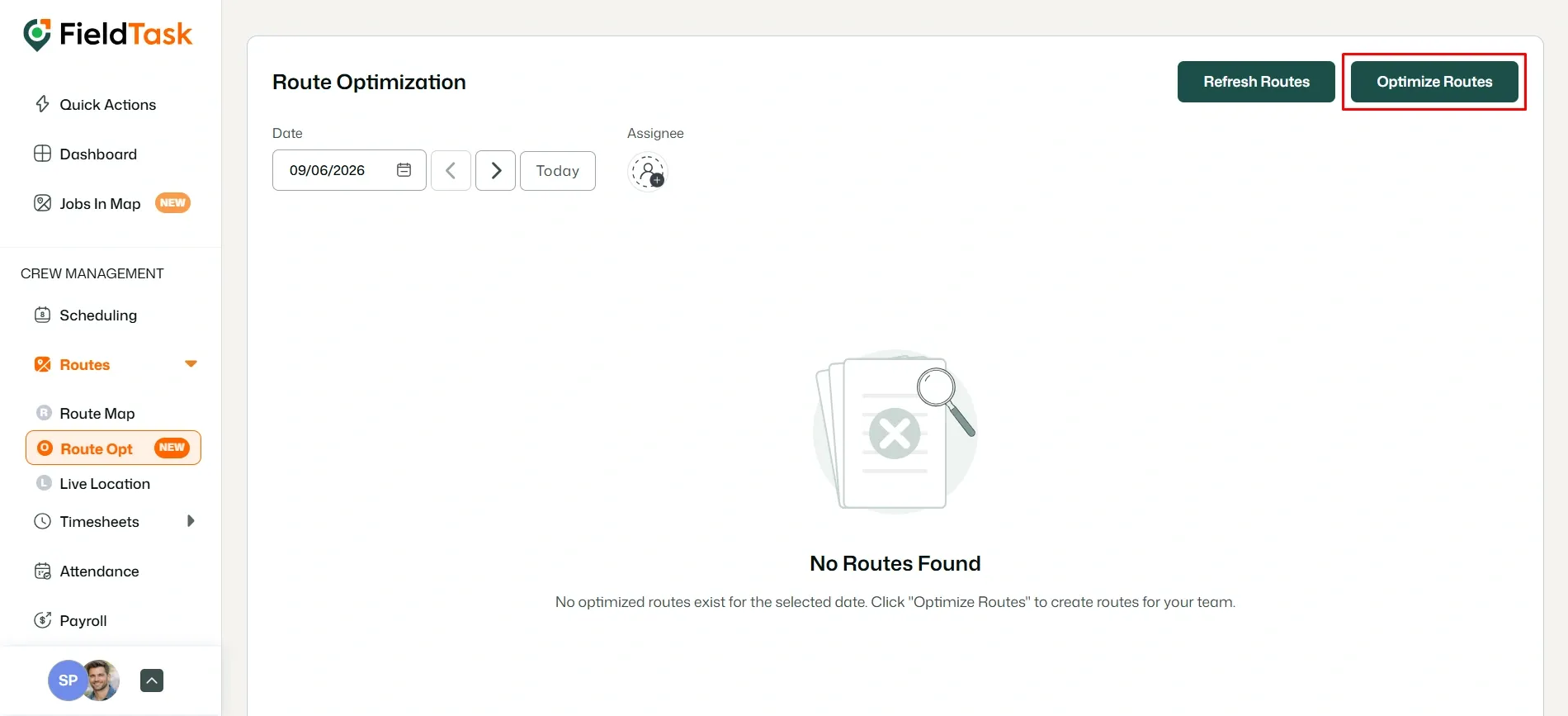 FieldTask route optimization page with Optimize Routes button highlighted