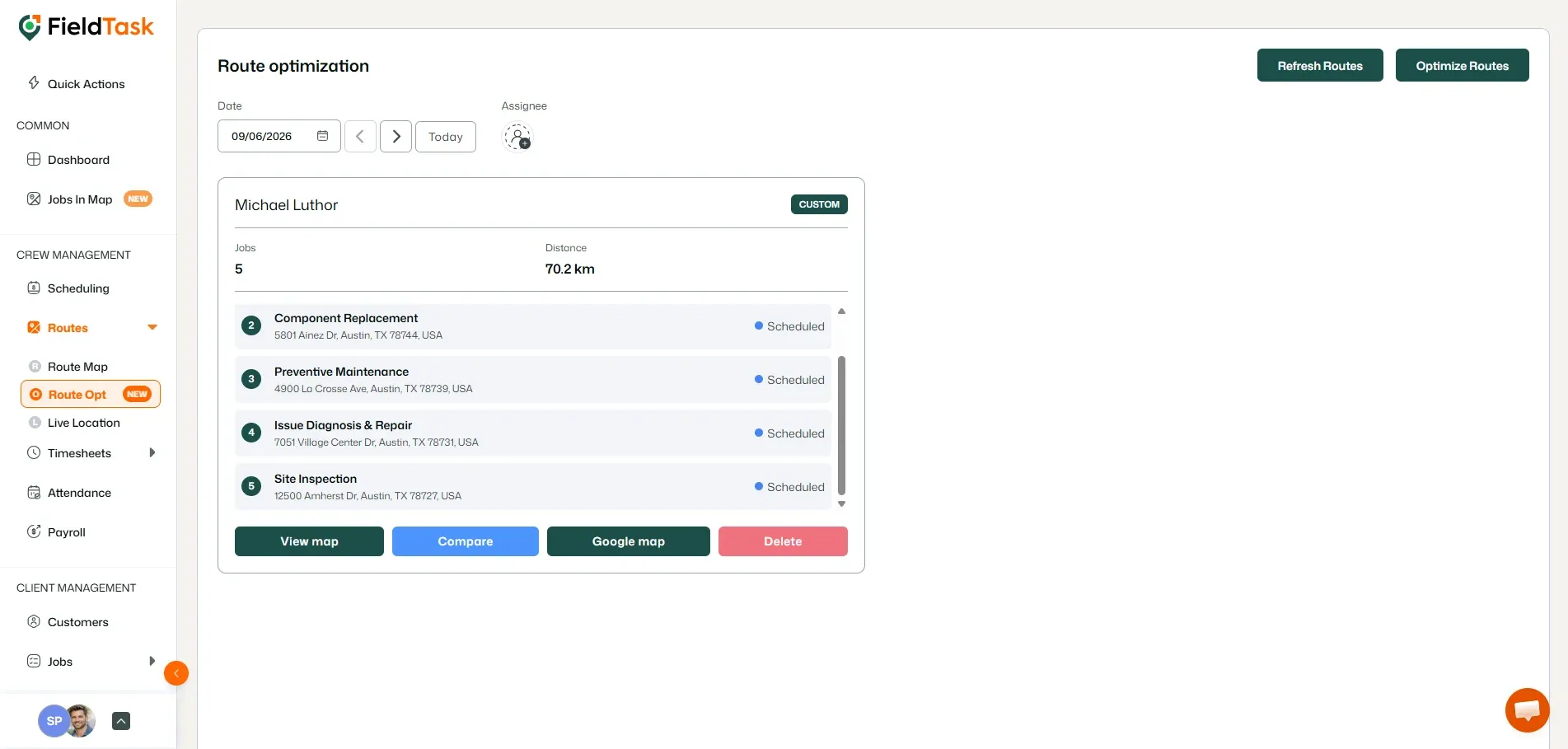 FieldTask route optimization results showing optimized route card with jobs, distance, and action buttons