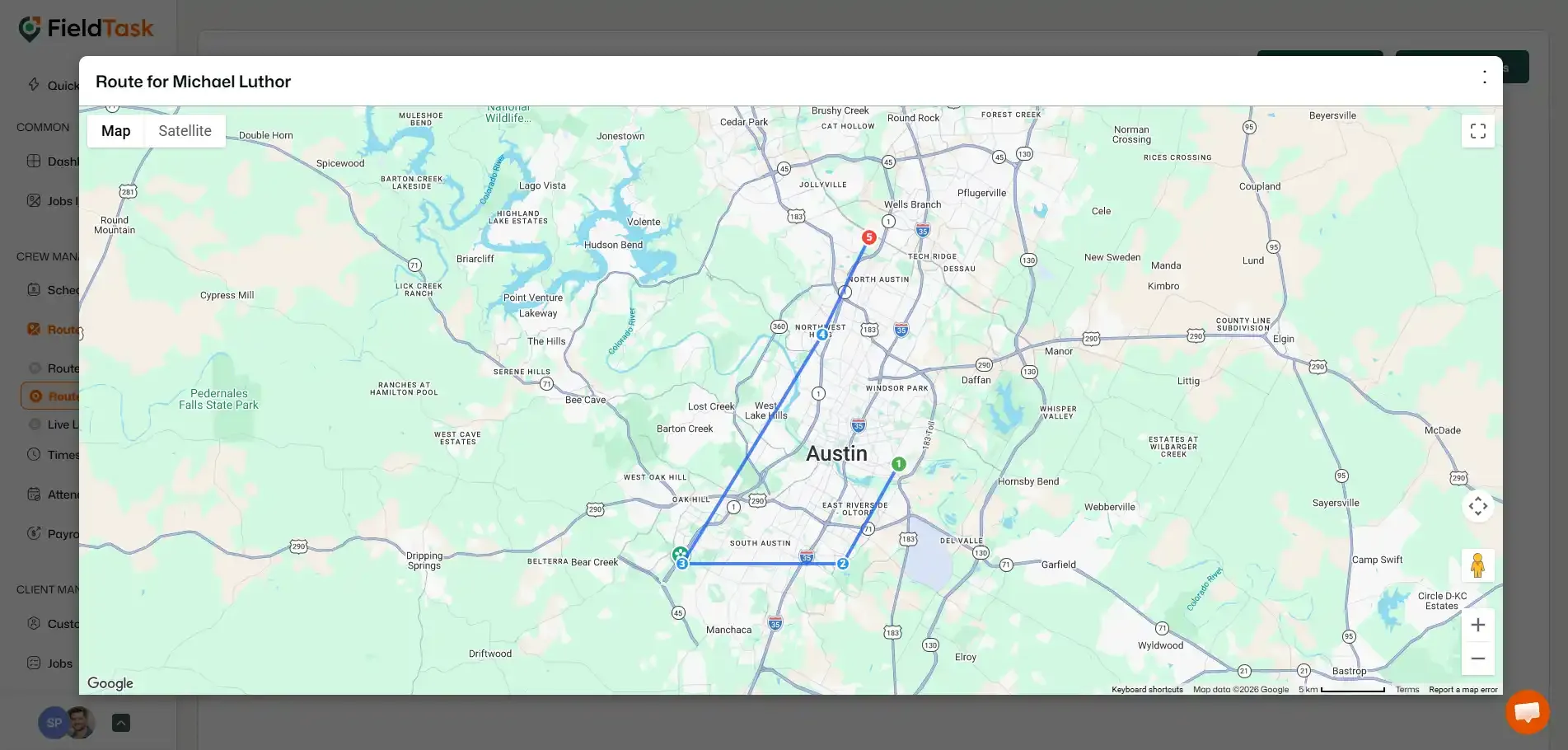 FieldTask route map modal showing optimized route for Michael Luthor
