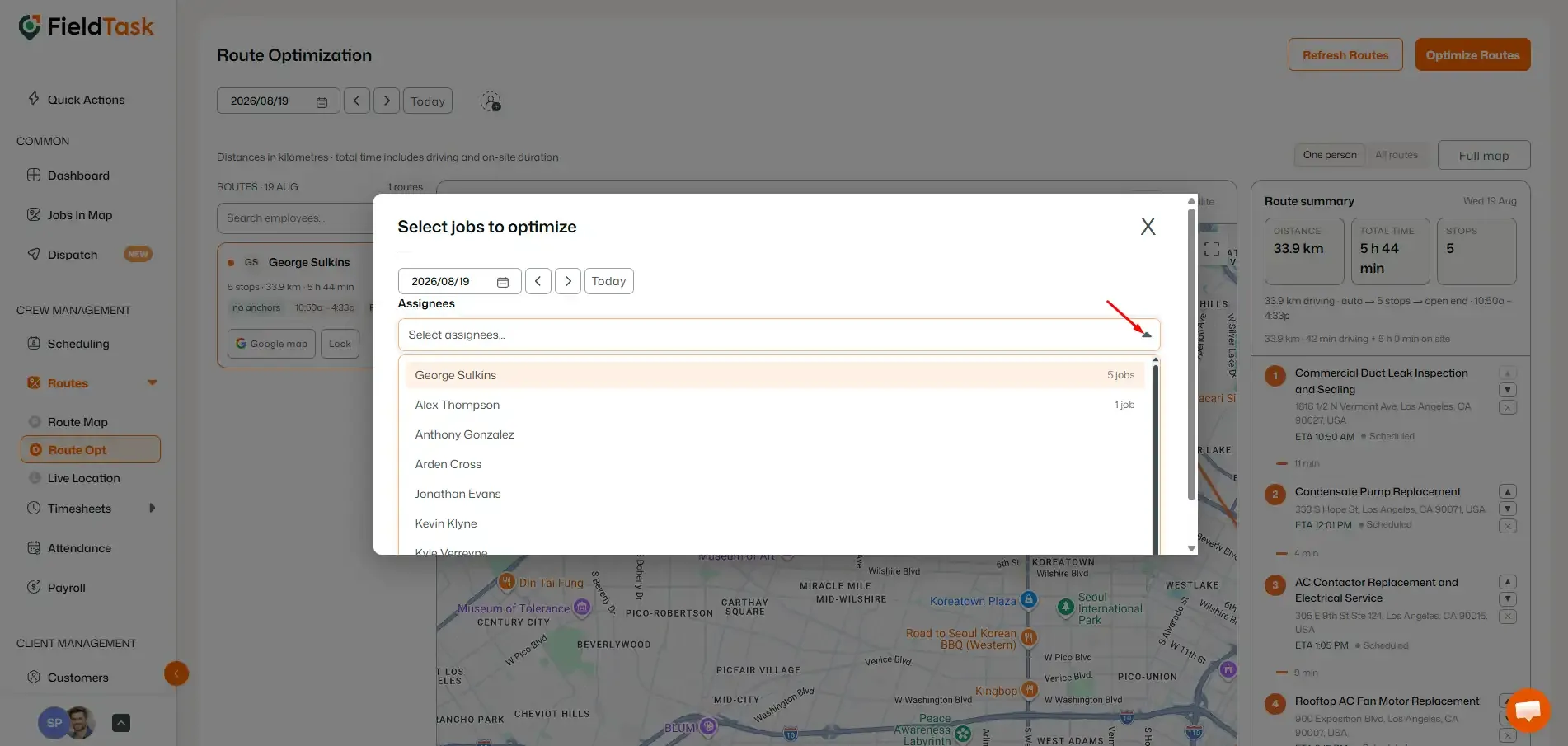 Assignee dropdown open in route optimization setup