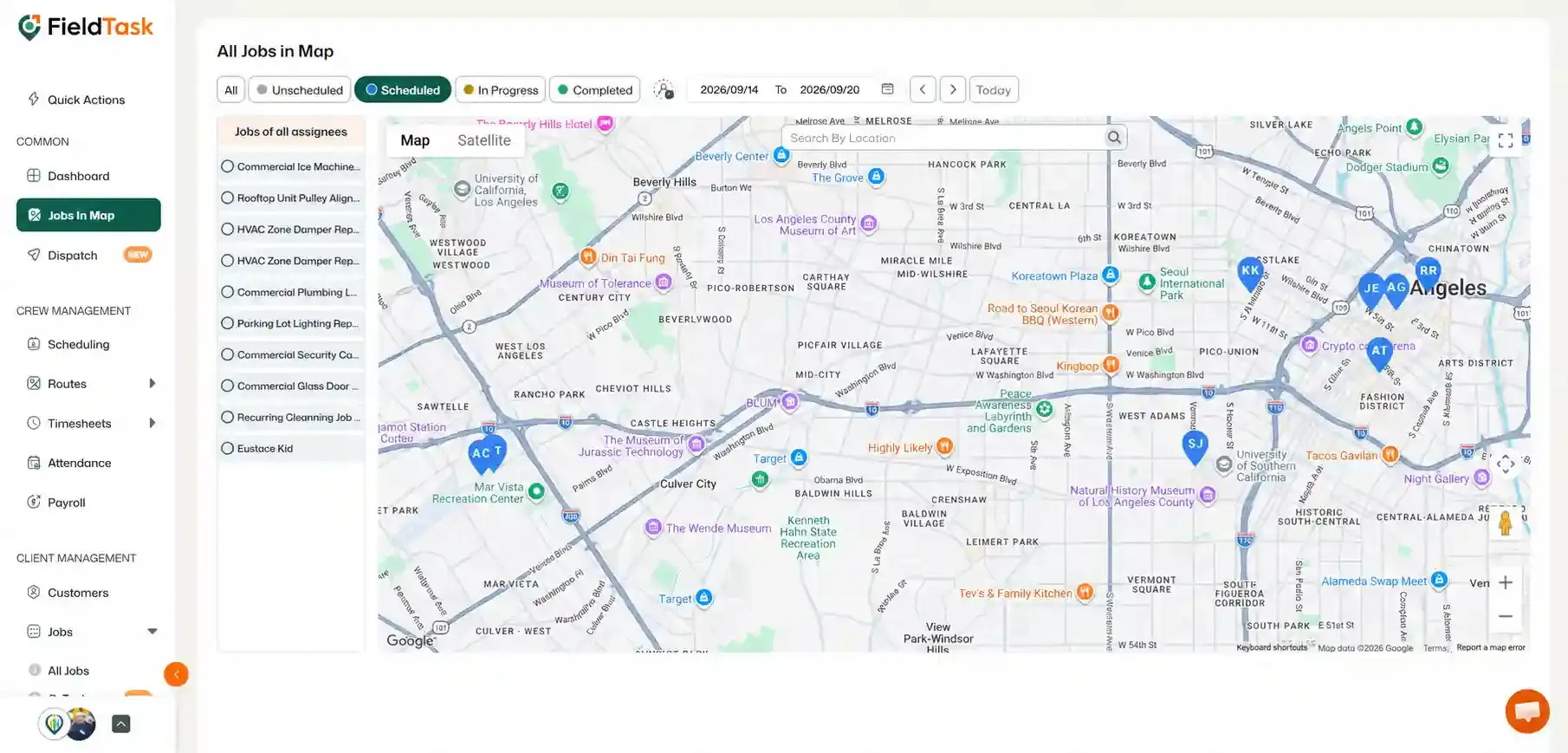 Jobs in Map view with Scheduled filter highlighted