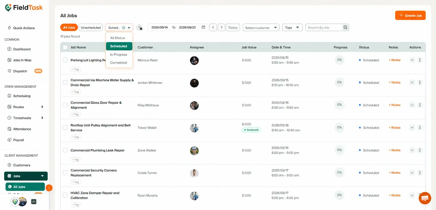 All Jobs list with Scheduled status filter highlighted