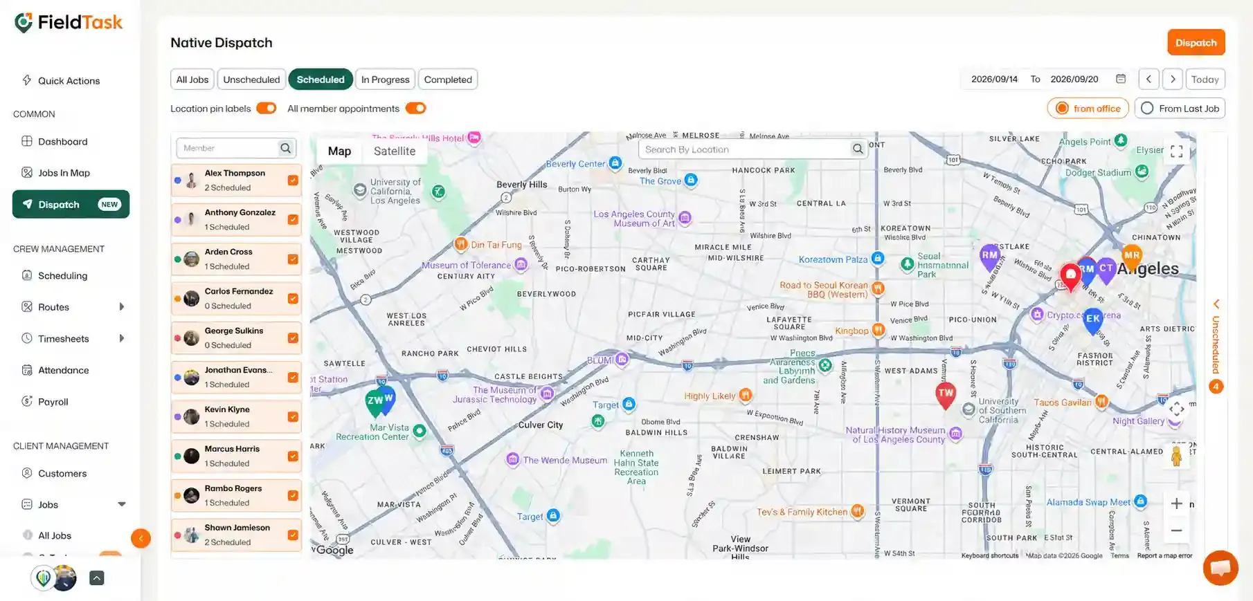 Dispatch map with Scheduled filter and Dispatch highlighted