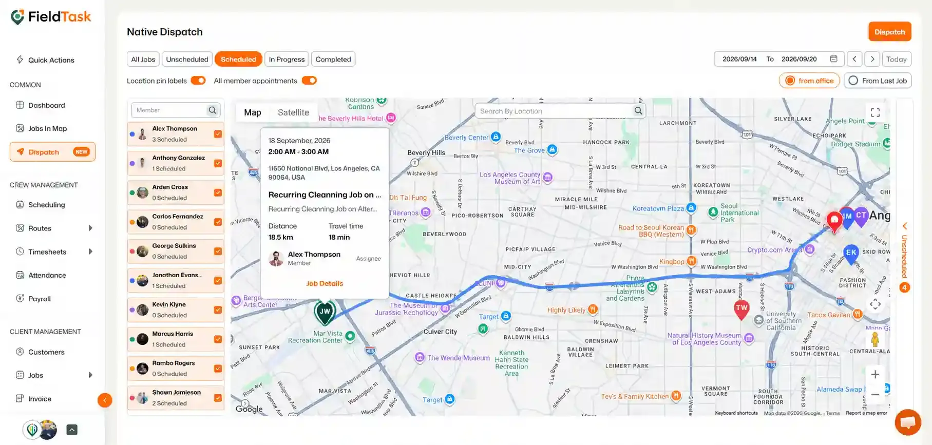 Scheduled job map with selected job marker and detail card