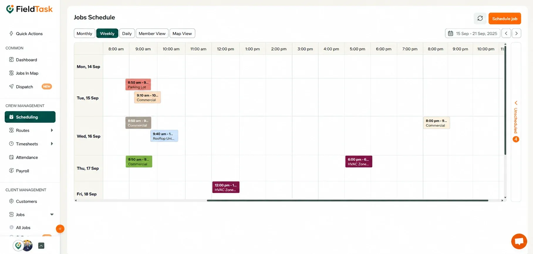 Weekly Jobs Schedule with Weekly view highlighted
