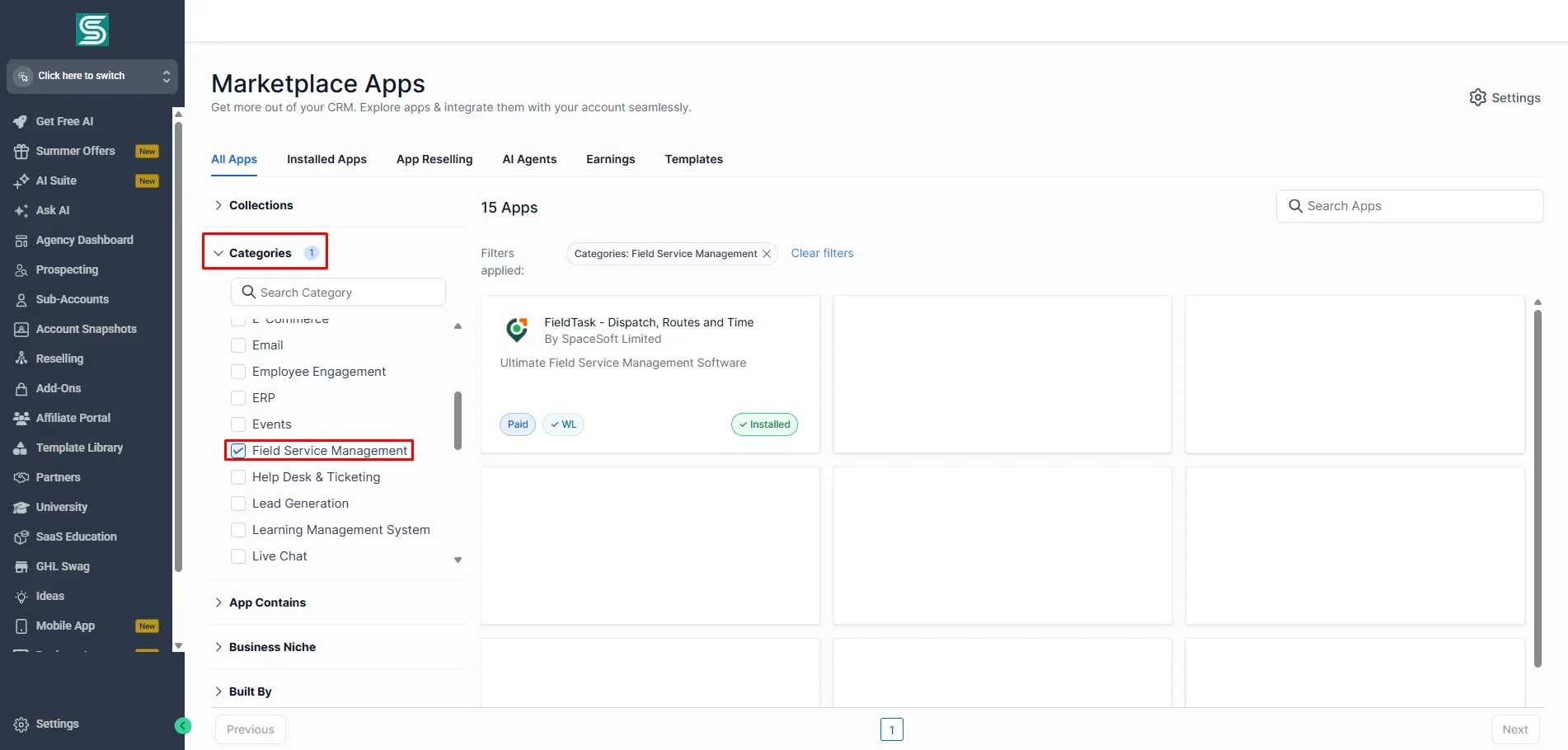 GoHighLevel Marketplace Apps page with All Apps open and category filters expanded. Red boxes highlight the Categories section and checked Field Service Management option, showing FieldTask as the installed app result in the marketplace list.