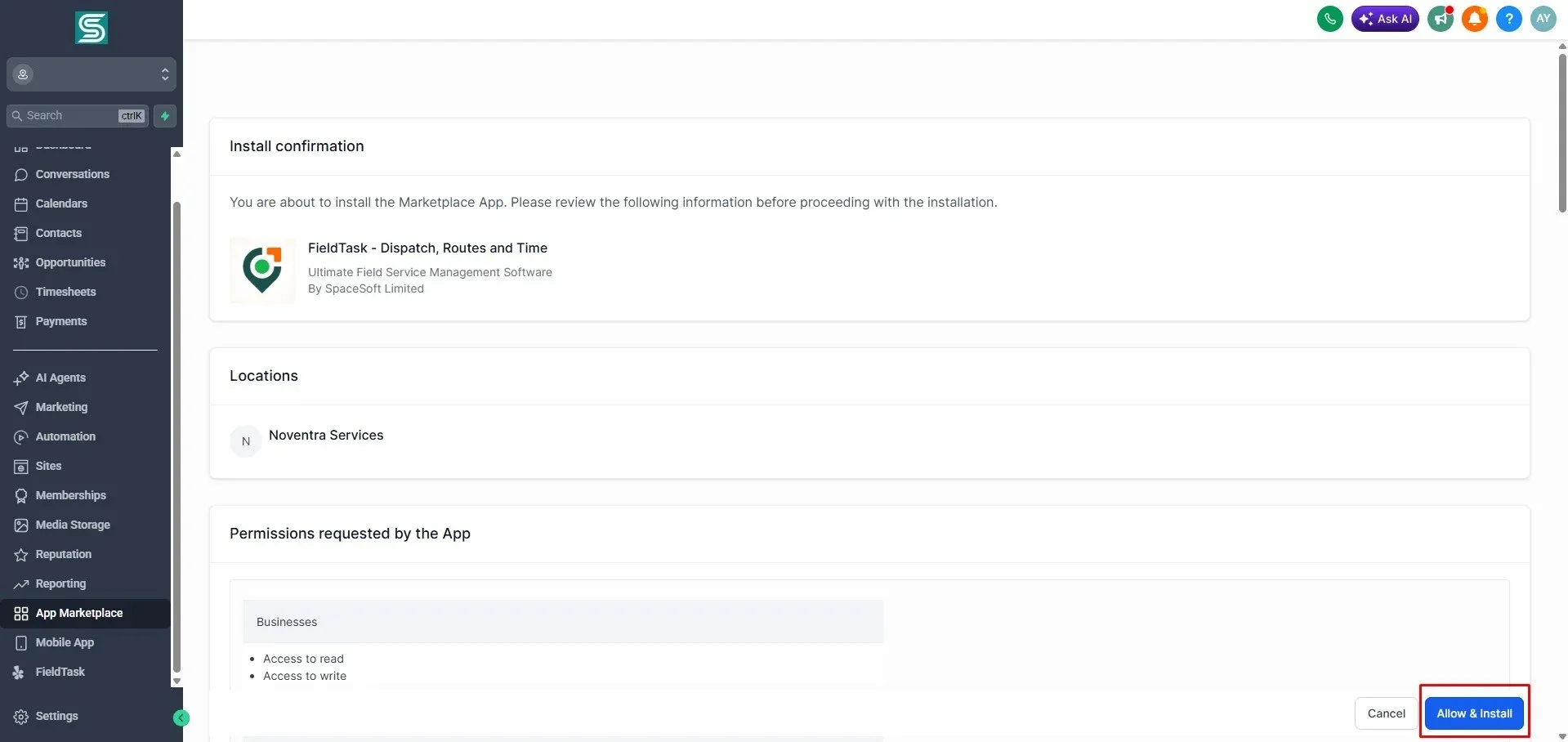 GoHighLevel install confirmation page for FieldTask showing app details, selected Noventra Services location, requested permissions, and the blue Allow & Install button highlighted in red at the bottom right to complete setup.