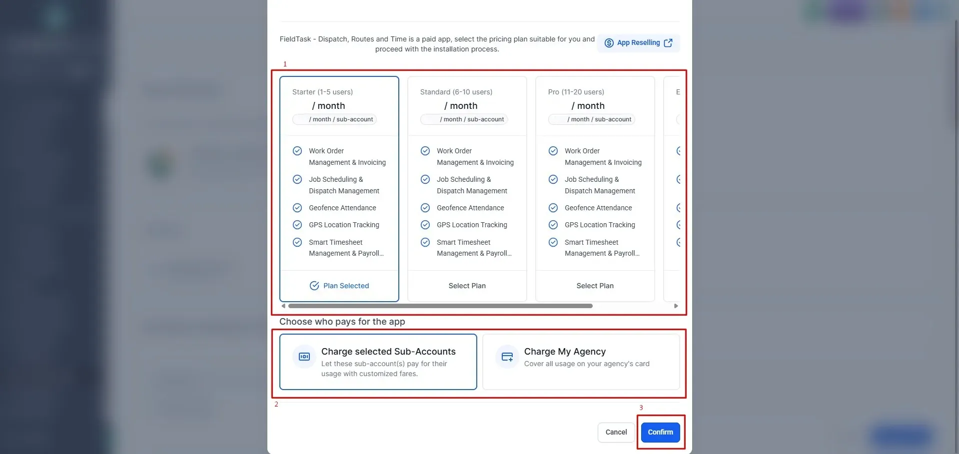 GoHighLevel FieldTask install modal showing pricing plans with Starter selected, Standard and Pro options, included features, payment choices for sub-accounts or agency, and a red box highlighting the Confirm button to continue setup.