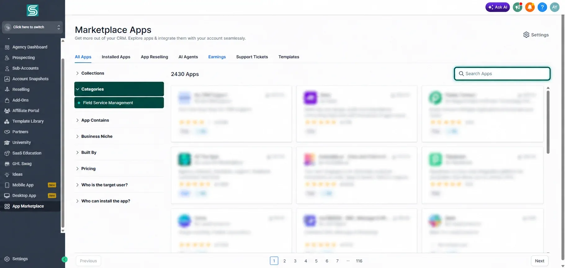 Marketplace filters and search highlighted for FieldTask
