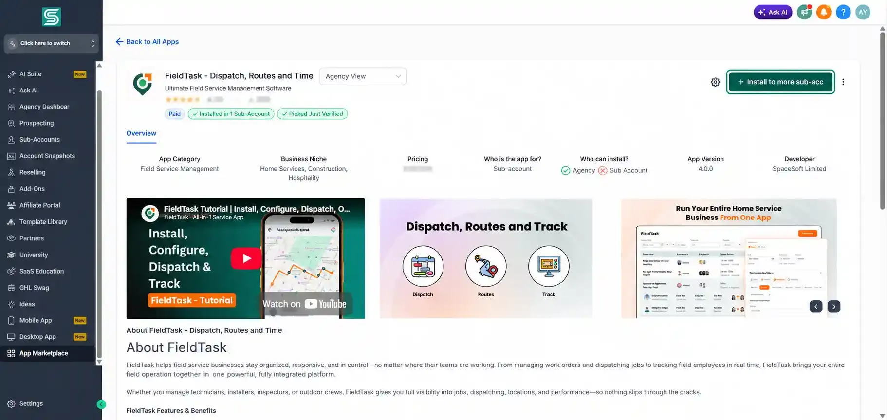 FieldTask app page with install button highlighted