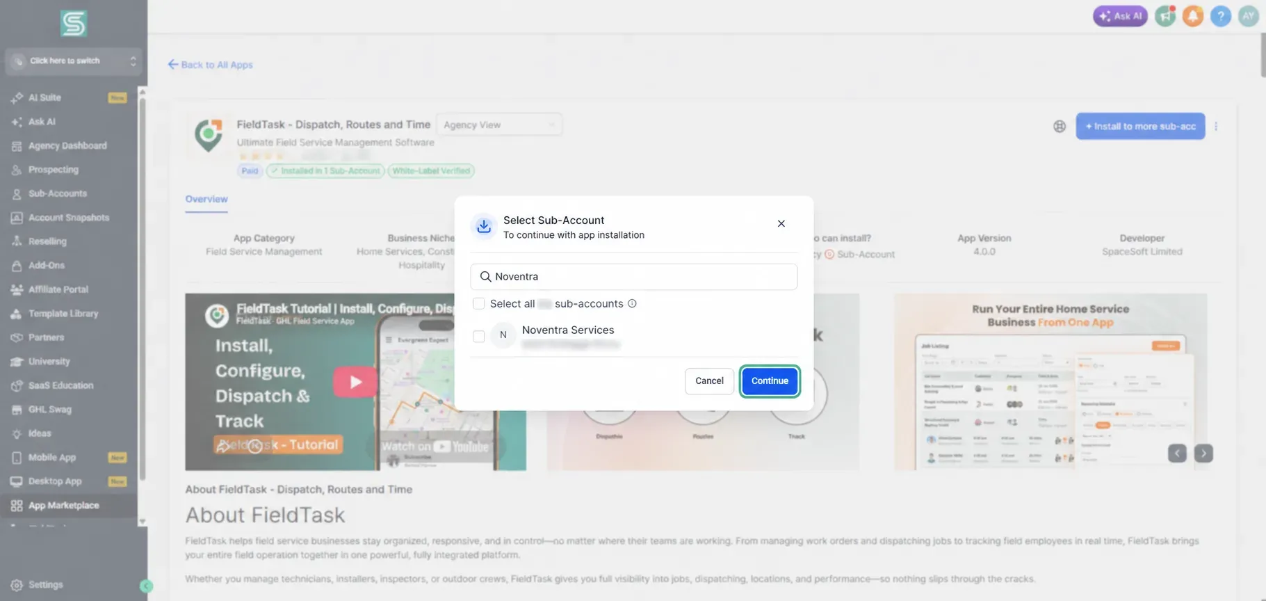 Sub-account selection with Continue button highlighted