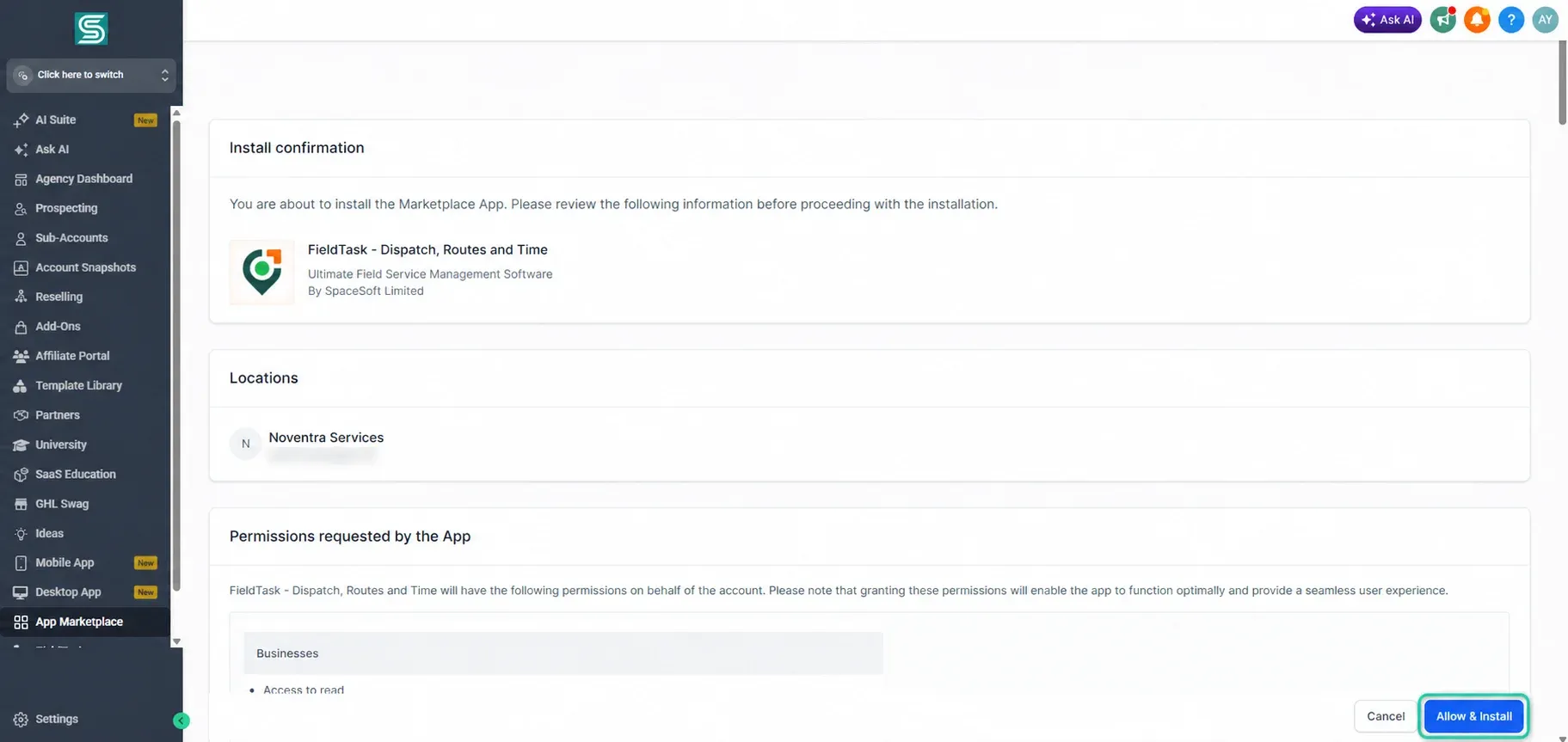 Install confirmation with Allow & Install highlighted