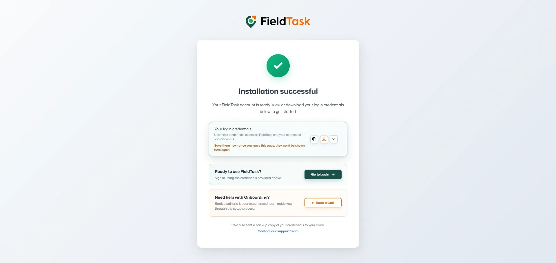FieldTask installation successful confirmation screen