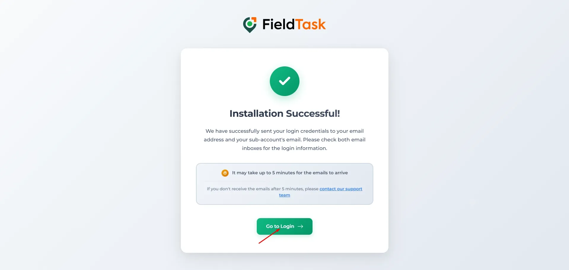 FieldTask installation confirmation page