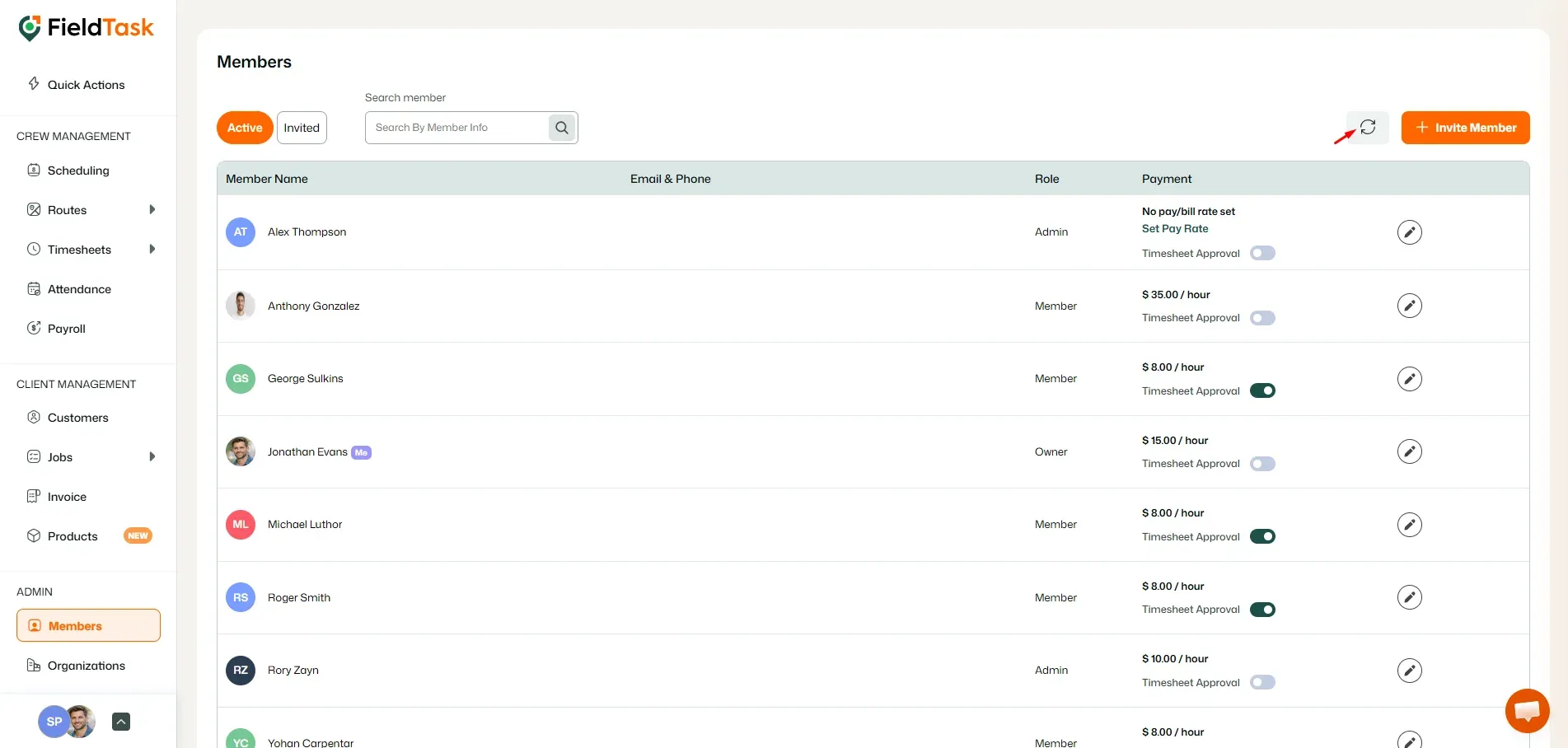 FieldTask Members list with refresh button highlighted