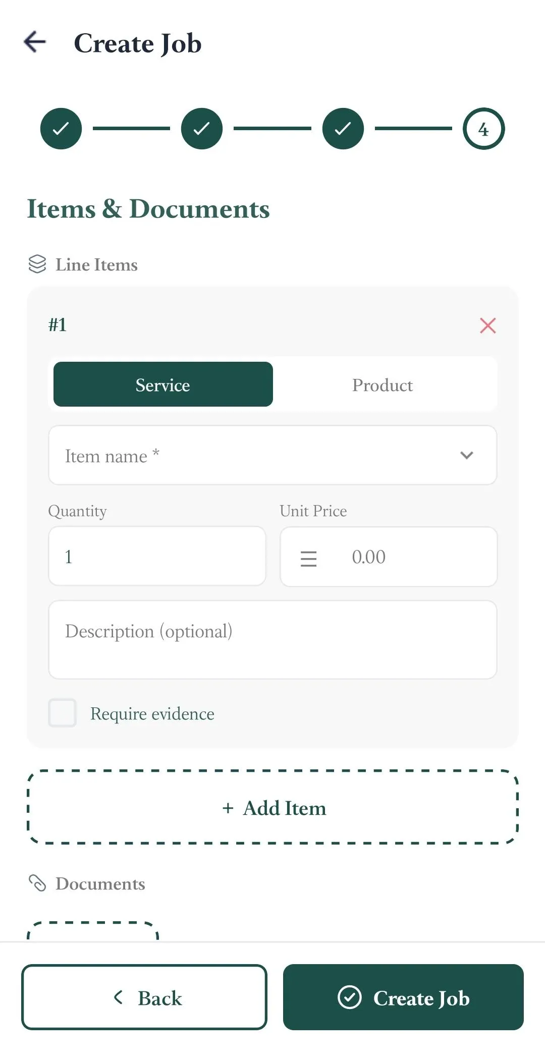 FieldTask mobile **Create Job** page at Step 4, showing the Items & Documents section with line-item fields, evidence requirement option, document upload area, and Create Job button.