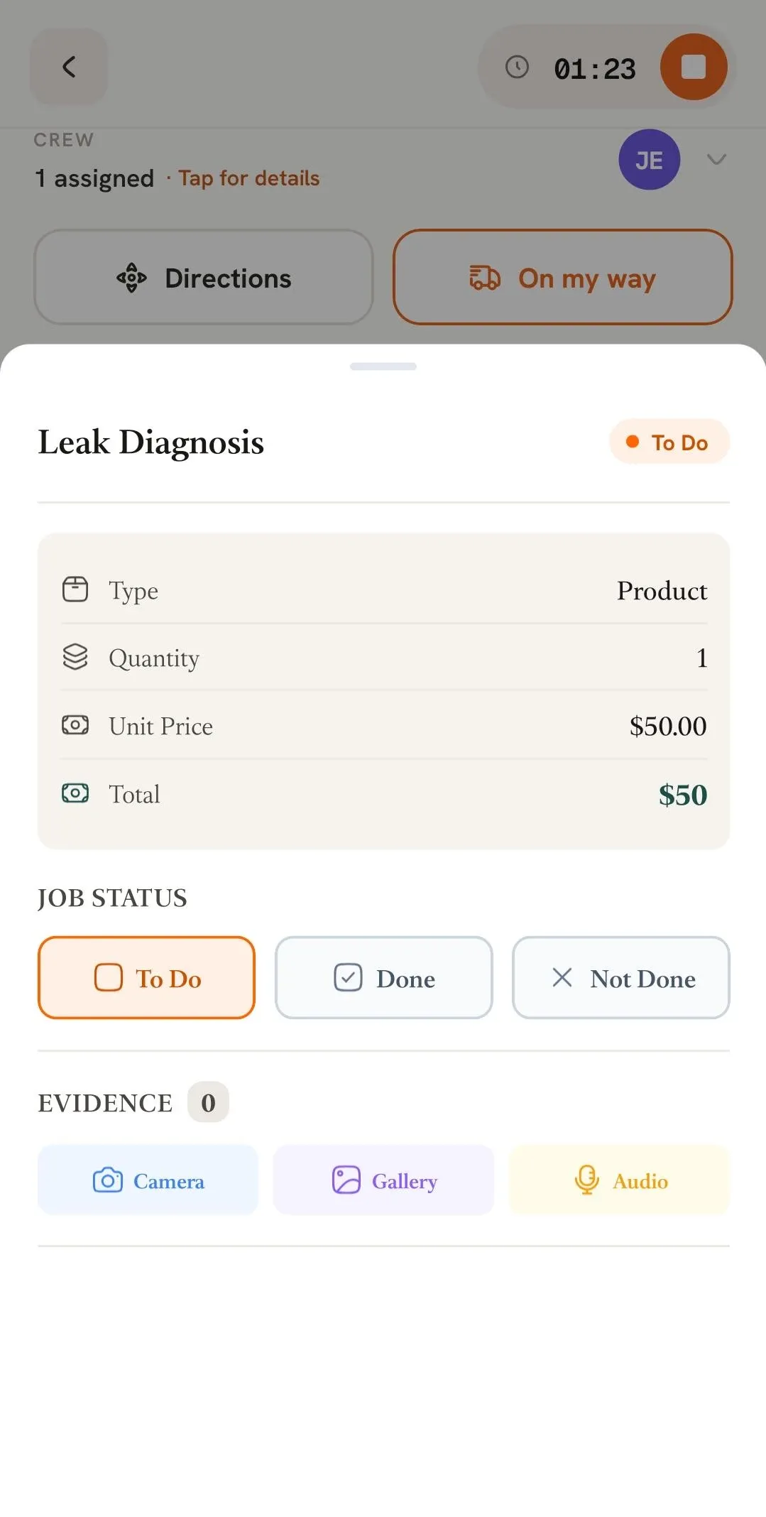 FieldTask mobile job line-item details panel showing product pricing, job status options, and Camera, Gallery, and Audio evidence submission actions.