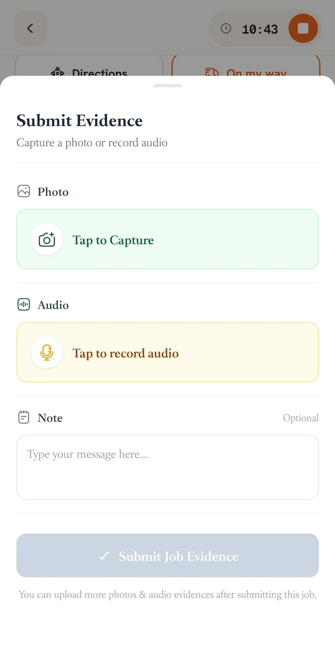 FieldTask mobile Submit Evidence panel with options to capture a photo, record audio, add an optional note, and submit job evidence.