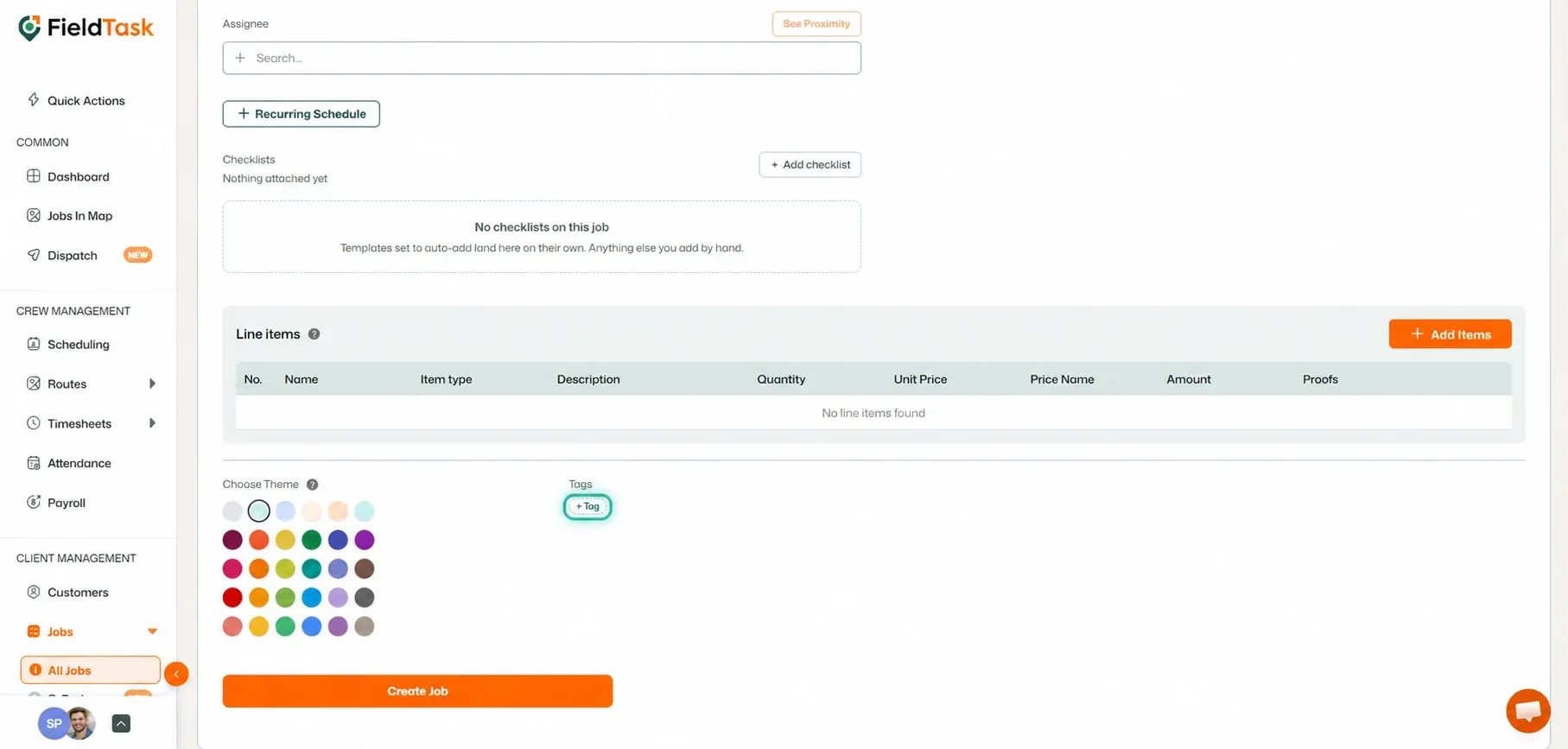Create Job page with the +Tag option highlighted.