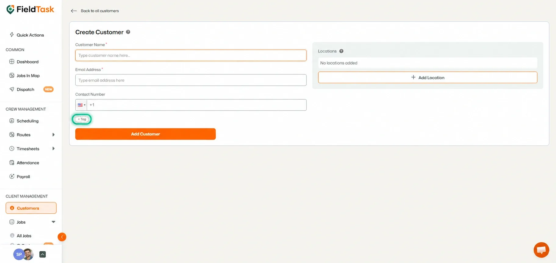 Create Customer page with the +Tag option highlighted.