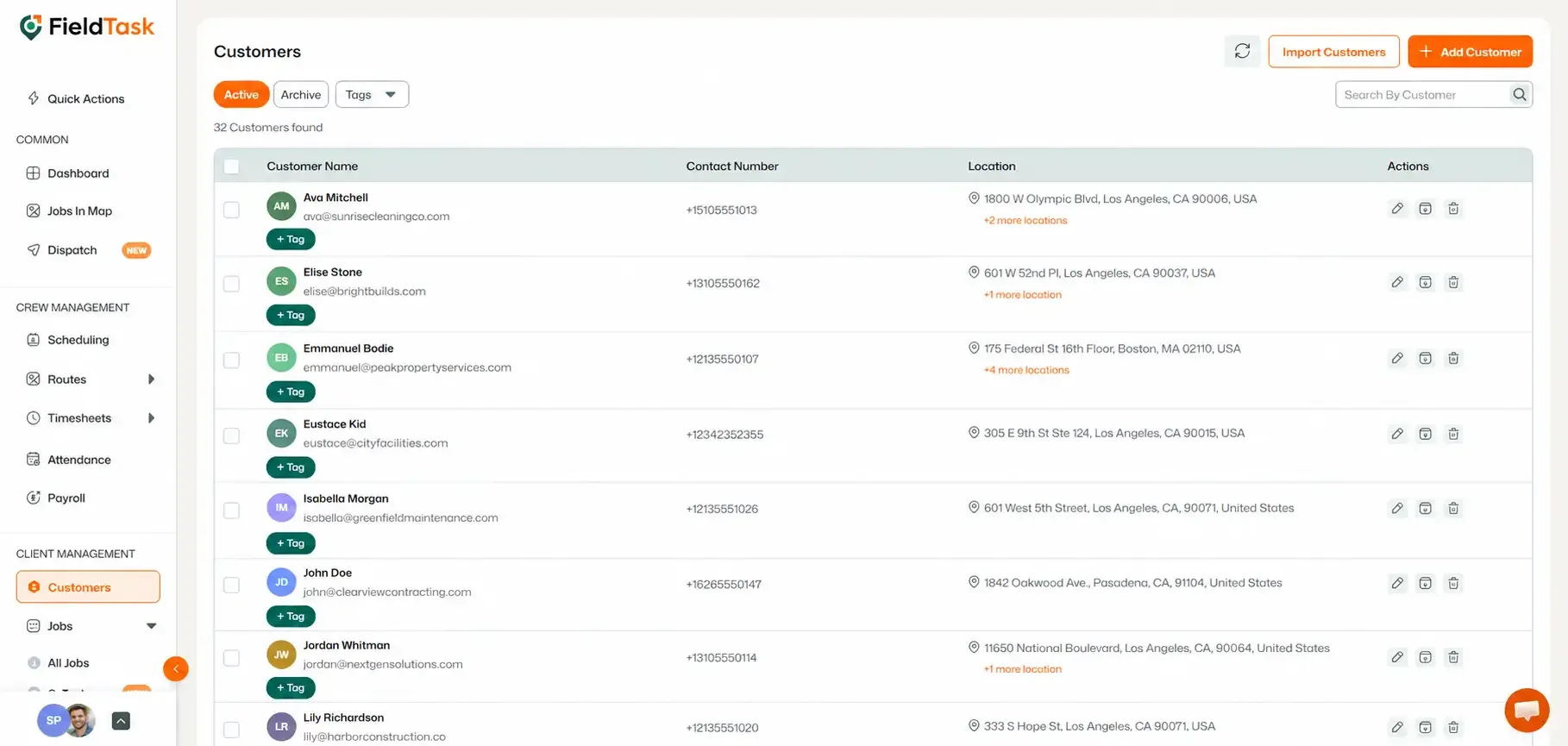 Customers page showing highlighted +Tag buttons and emails.