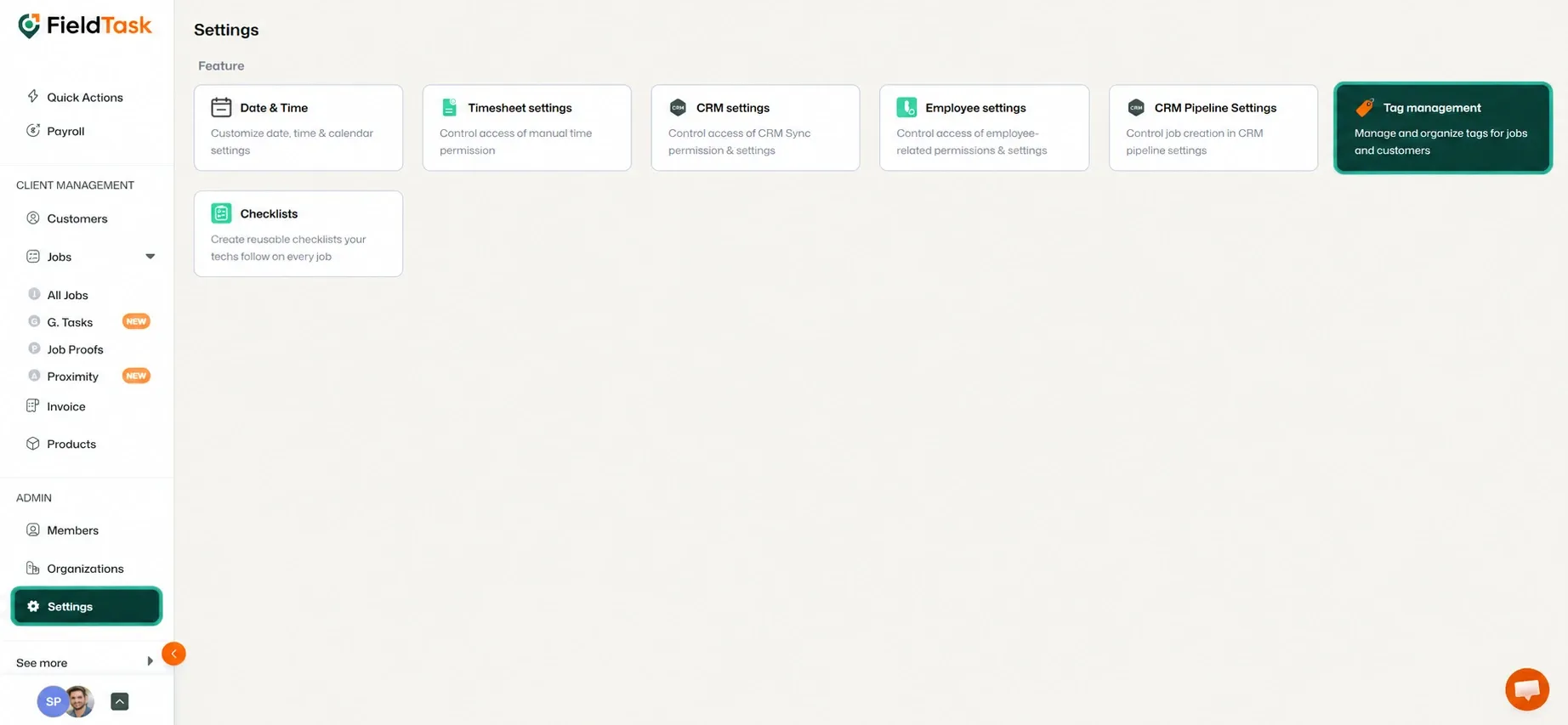 Settings page with Settings and Tag Management highlighted.