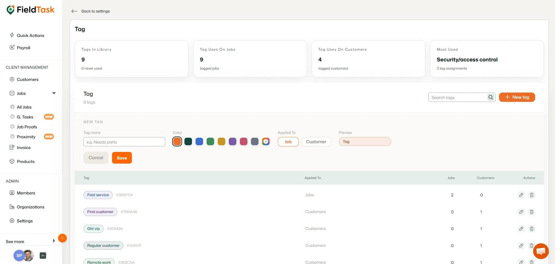 Tag Management page showing tag statistics and tag list.