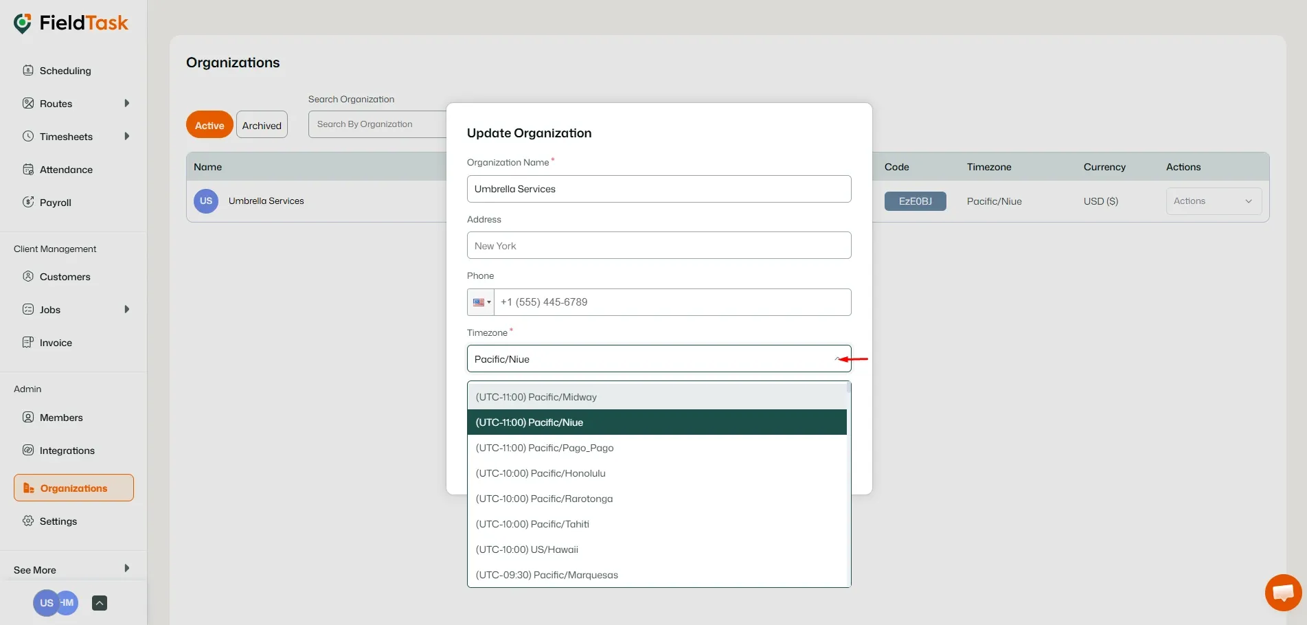 FieldTask Organization Edit Page