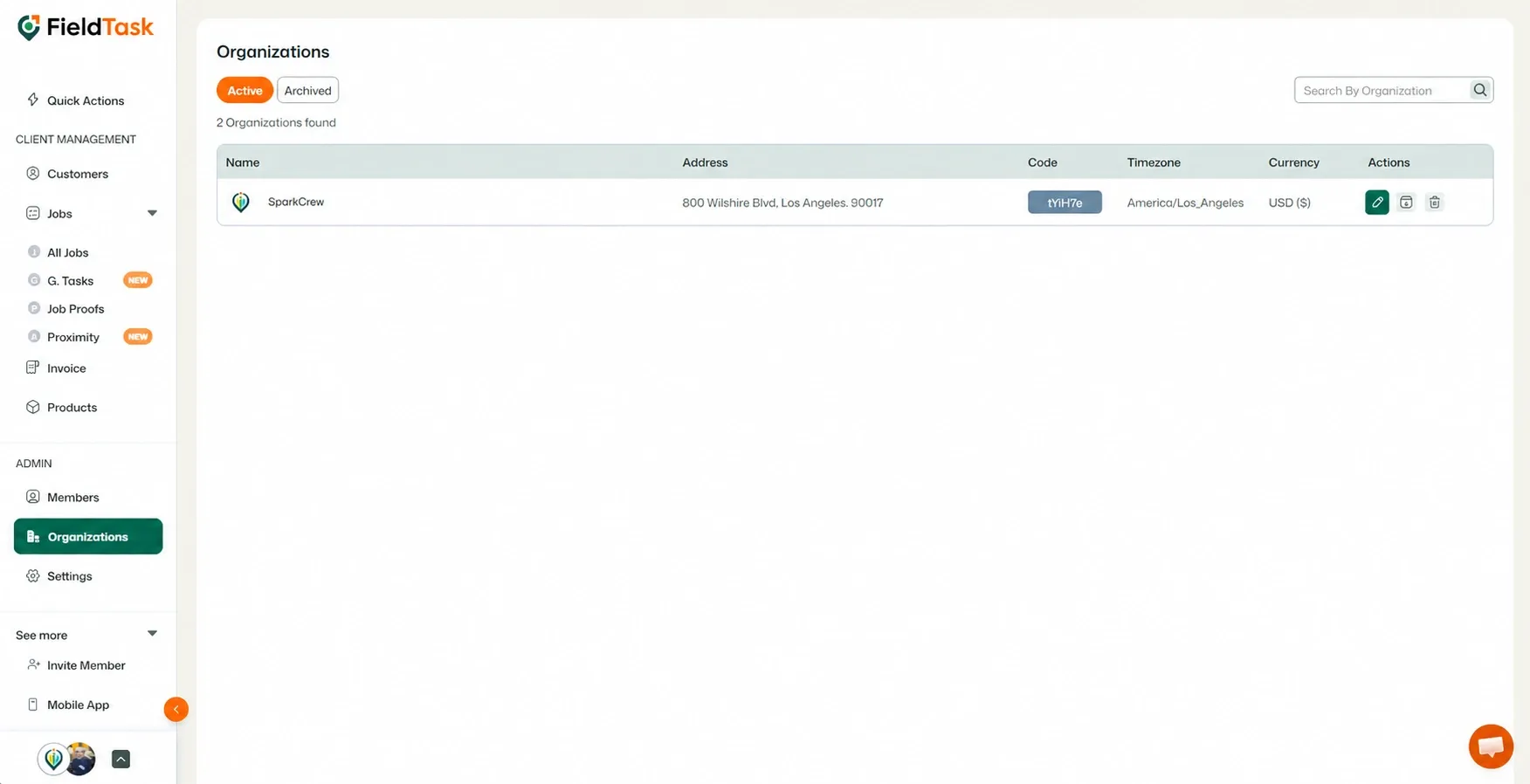 Organizations page showing timezone set to America/Los_Angeles
