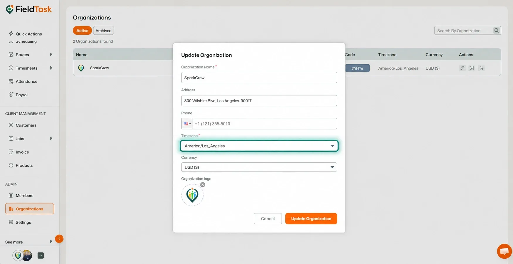 Update Organization modal with timezone dropdown highlighted
