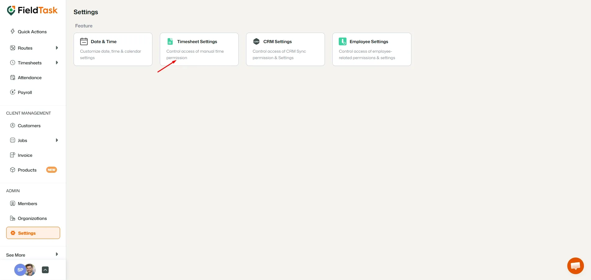 FieldTask settings page with Timesheet Settings highlighted